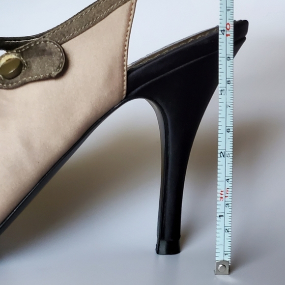 7.5M Linea Paolo Cap Toe Black Beige Olive Green Sling Back Satin Heels Unused - Picture 7 of 10